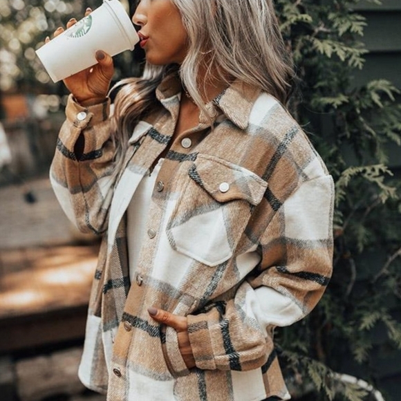 NEW Cozy Retro 70's Flannel Plaid Shacket Top Jacket Brown Tan White Gray - Picture 2 of 14